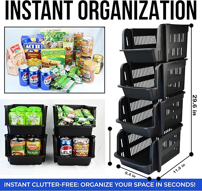Skywin TidyFriend Stackable Storage Bins for Pantry - 4 Pack Large Stackable Bins for Organizing Food, Kitchen, and Bathroom Essentials (Black)