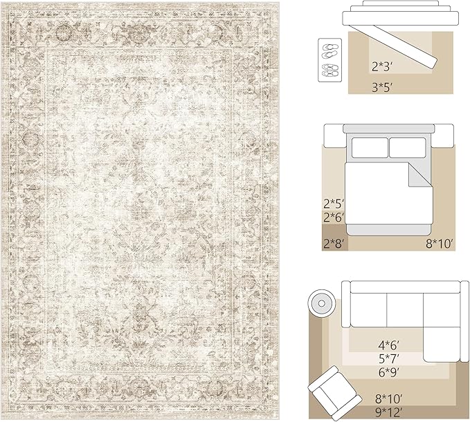 FMFUNCTEX 10x12 Washable Area Rug Beige Vintage Neutral Distressed Large Non Slip Carpet for Living Room Bedroom Soft Low Pile Indoor Mat Retro Floral Throw Rug for Dining Room Kitchen Office Nursery