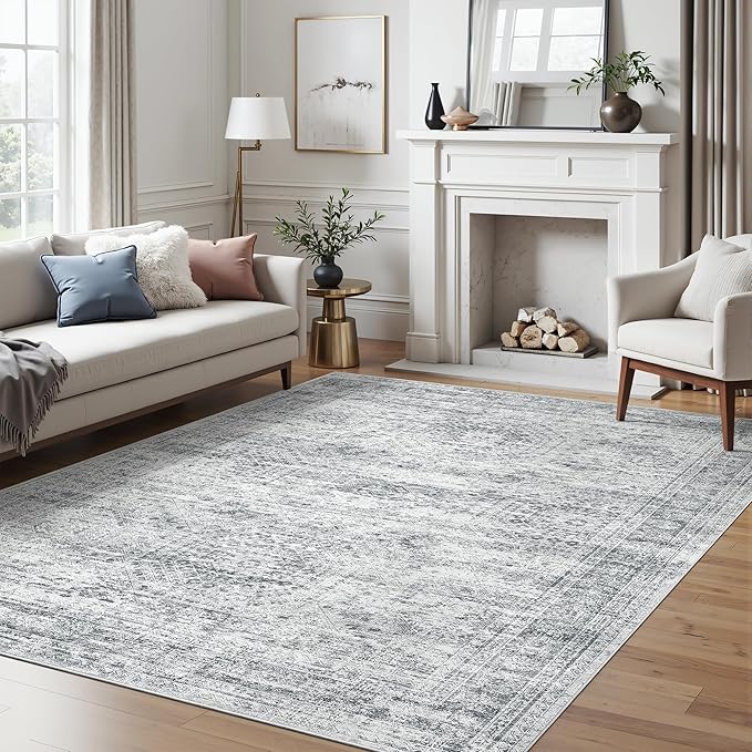 5x7 Area Rugs Gray Low Pile Indoor Washable Trendy Faded Style Rugs for Bedroom Living Room Dining Room Foldable Non-Slip Thin Grey Print Mat