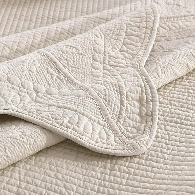 MarCielo 3-Piece 100% Cotton Oversized Bedspread Lightweight Quilt Coverlet Embroidery Farmhouse Bedding Set (TG Yellowish Beige, Oversized King (118"x106"))
