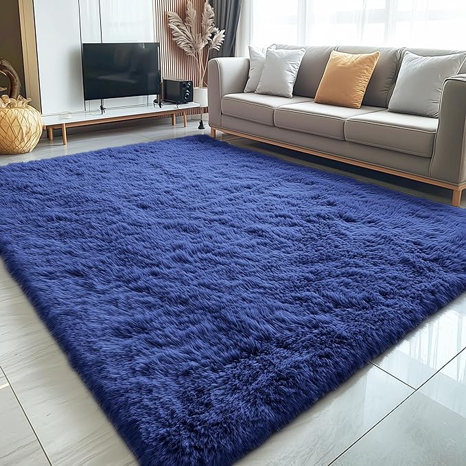 OLANLY 8x10 Machine Washable Large Area Rugs for Living Room, Bedroom, Soft Fluffy Shaggy Bedside Rug, Indoor Floor Carpet for Kids Girls and Boys, Dorms, Nursery, Home Decor Aesthetic, Navy Blue