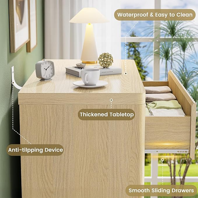 Fluted Nightstand Set of 2, Natural Oak Night Stand with 3 Drawers, Bedside Table with Storage, Mid Century Modern End Table Bedside Table Set, Curved Profile Handleless Design, 25” Wide