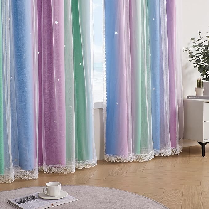 XiDi Blue & Rainbow Curtains for Kids & Girl Rooms - Blackout, Unicorn Wall Decals, 34x84 Inch, 1 Panel