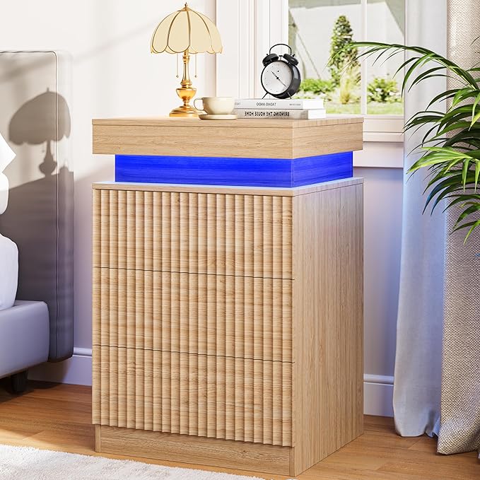 Nightstands Set of 2 with Charging Station & LED Lights, Modern Small Fluted Bedside & End Tables with 3 Drawers, Sliding Top & Hidden Storage, Wooden Farmhouse Night Stand for Bedroom, Natural Oak