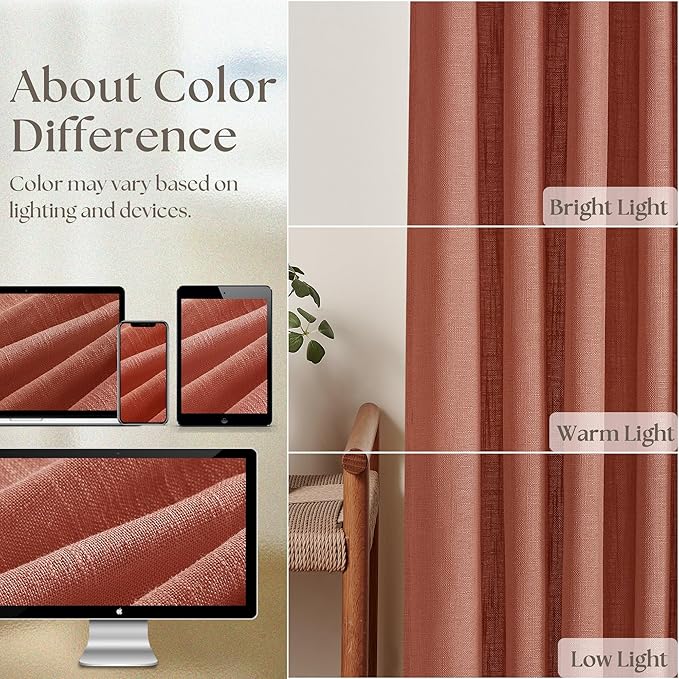 Terracotta Pinch Pleated Linen Curtains 45 Inch Length 2 Panels Set for Bedroom Dining Room Kitchen Semi Sheer Linen Boho Farmhouse Small Window Curtains 45 Inches Long Burnt Orange Autumn Fall Decor