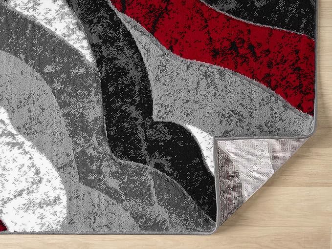Modern Abstract Area Rug Hand Carved Contemporary Geometric Swirls Vibrant Colors Carpet for Living Room Bedroom Design PR1002 (Red, 8' x 10')