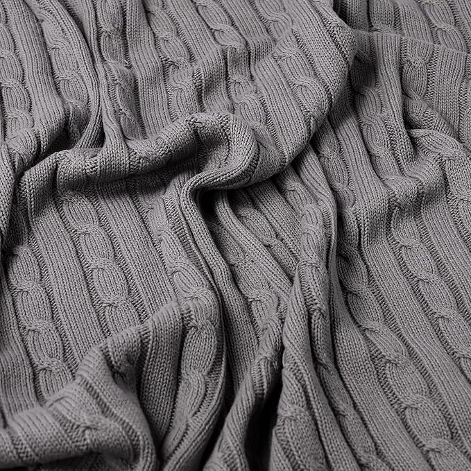 100% Cotton Cable-Knit Throw Blanket: 60" x 70", Ultra Soft, Breathable, All-Season Comfort & Versatility, Ideal for Couch, Bed, Travel and Gifting (Grey)