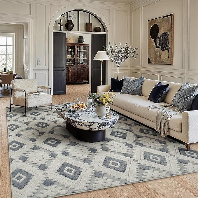 Ivory Grey 8x10 Area Rug Washable Living Room Moroccan Shag Carpet Non Slip Soft Neutral Boho Plush Pile Large Throw Rug for Office Bedroom Dining Room Playroom
