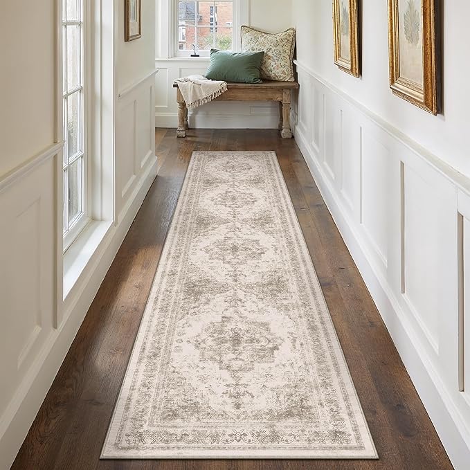 Runner Rug 3x8 Beige Hallway Washable Carpet Non Slip Vintage Medallion Carpet Low Pile Soft Distressed Retro Indoor Long Rug for Entryway Kitchen Bathroom Laundry Bedroom