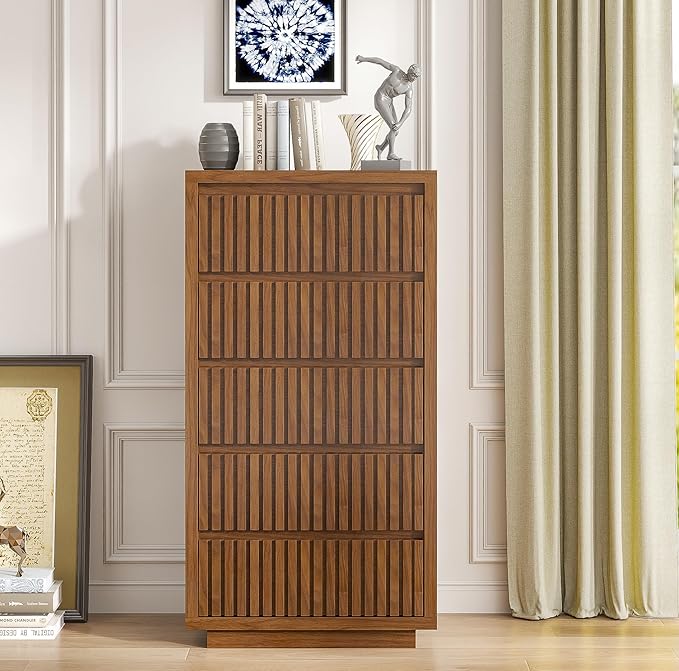 Fluted Tall 5 Drawer Dresser, Mid Century Dresser for Bedroom, 45 Inch Wood Chest of Drawers, Modern Closet Clothes Organizer, Walnut Wooden Storage for Living Room, Brown