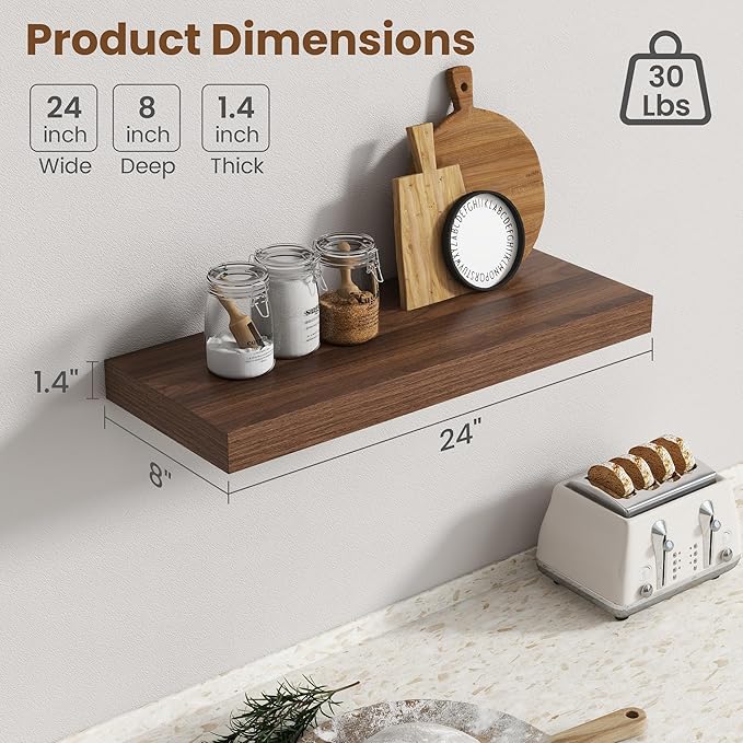 24 Inch Floating Shelves for Wall, 8 Inch Deep Floating Shelf for Storage & Display, Rustic Wall Mounted Shelf with Invisible Brackets for Living Room, Kitchen, Bathroom, Home Decor, Set of 2, Walnut