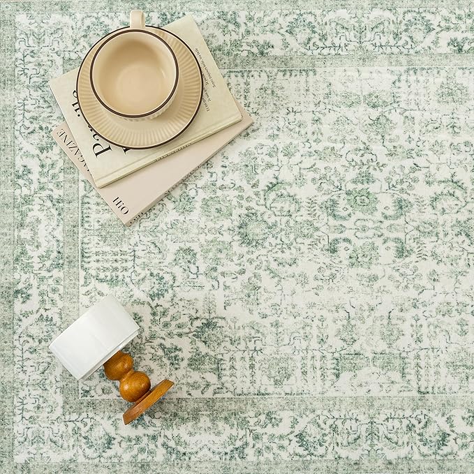 Sage Green Area Rug 3x5 Washable Office Entryway Carpet Vintage Distressed Non Slip Kitchen Indoor Entry Neutral Low Pile Retro Floral Farmhouse Throw Mat for Laundry Dining Room Bedroom