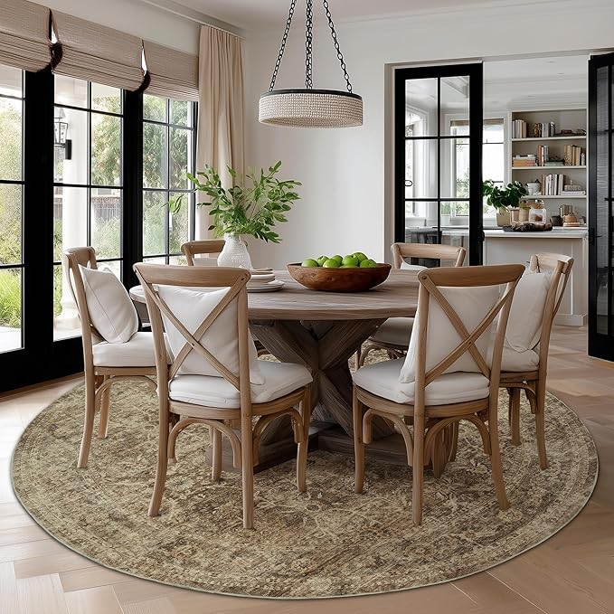 FMFUNCTEX 6ft Round Washable Area Rug Brown Vintage Neutral Distressed Non Slip Carpet for Living Room Bedroom Soft Low Pile Indoor Mat Retro Floral Throw Rug for Dining Room Office Nursery Entry