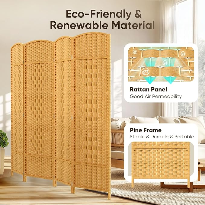 JOSTYLE 6ft. Tall Extra Wide Folding Privacy Screens with Diamond Double-Weave Room dividers and Freestanding Privacy Screens(Yellow, 4-Panel)