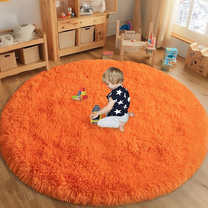 Round Orange Rug for Bedroom, 5 ft Circle Area Rugs for Living Room, Soft Fluffy Shag Carpet for Teen Girls Boys Nursery Room Dorm Home Decor Aesthetic