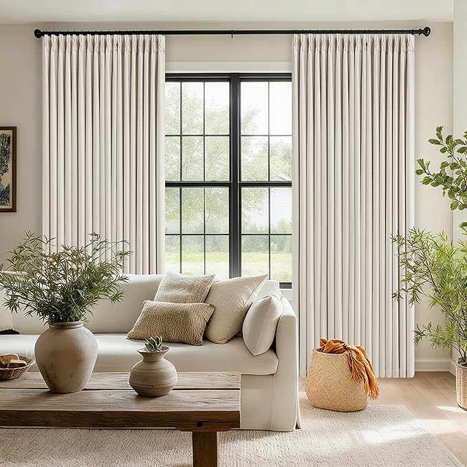 Pinch Pleated Blackout Linen Curtains 84 Inch Long for Living Room Bedroom Room Darkening Thick Linen Curtain 84 Inch Length 2 Panels Set Double Layer Boho Farmhouse Cream Ivory Natural Window Drapes