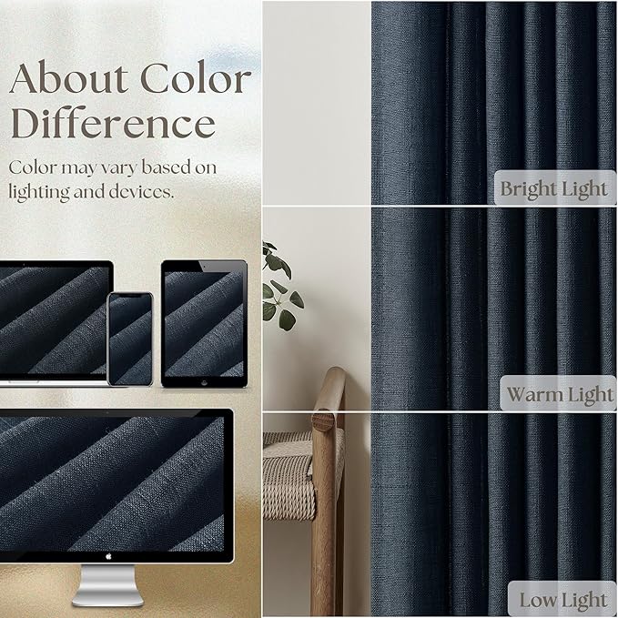 Navy Blue Pleated Linen Curtains 96 Inches Long for Living Room 2 Panel Set Semi Sheer Light Filtering Pinch Pleat with Rings Hooks Drapes Boho Farmhouse Dark Blue Indigo Curtain Bedroom Window