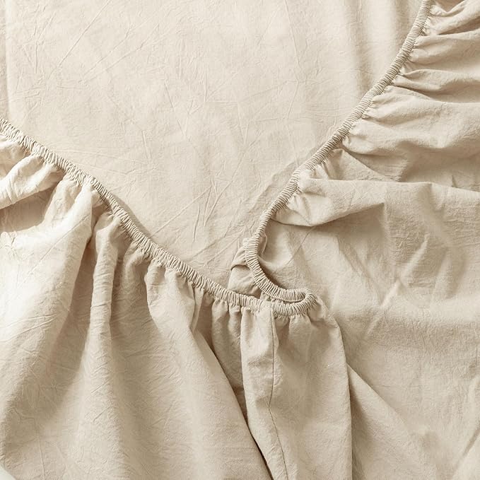MooMee Fitted Bottom Sheet Only 100% Washed Cotton Linen Like Textured Breathable Durable Soft Comfy Deep Pocket Fits Mattress up to 17" (Cream White, Twin)