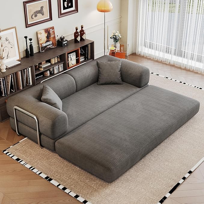 79" Convertible Sofa Bed, Corduroy Folding Pull Out Couch with Pillows, No Assembly Modern Boneless Couch Compression Sofa in Box, Floor Sofa with Support Rods for Living Room,Grey
