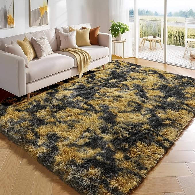 PAGISOFE Black and Yellow Fluffy Shag Area Rugs for Bedroom 5x7, Soft Fuzzy Shaggy Washable Rugs for Living Room, Plush Rug for Kids Room Furry Boys Carpet for Teen Dorm Black Room Decor Dark Yellow
