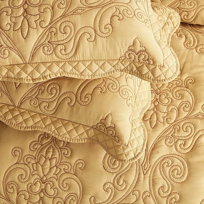 CHIXIN Bedspread Coverlet Quilt Set Full Size - Lightweight Bedding Cover - Beautiful Stitching - 5 Piece Reversible Bedspread - Luxury Damask Paisley Pattern (Full, Honey-Gold)