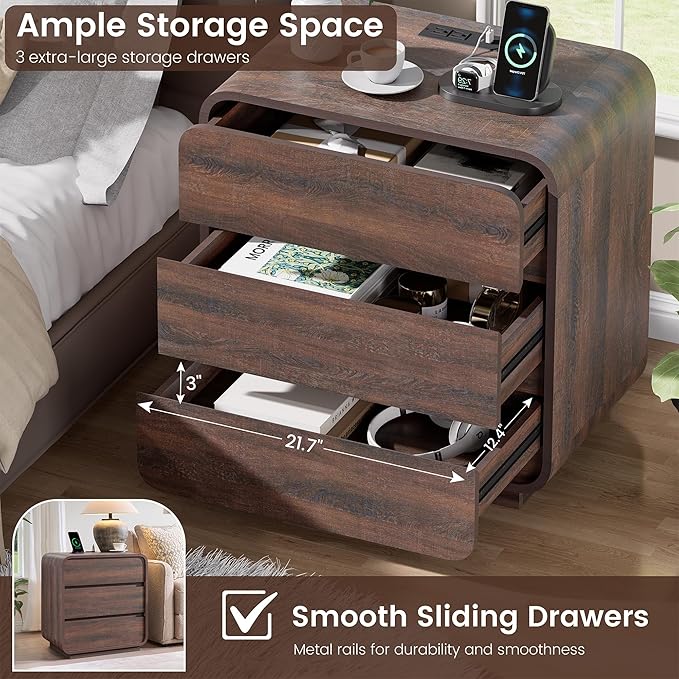 Walnut 3 Drawers Nightstand, 25" Tall Wooden Bedside Table with Charging Station, Large Side Table Curved Profile, Handleless, Large End Table Night Stand for Bedroom, Office