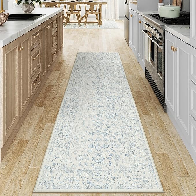 2x8 Blue Runner Rug Hallway Non Slip Kitchen Vintage Distressed Long Carpet Indoor Machine Washable Retro Floral Bedroom Accent Throw Rug for Office Laundry Bathroom Dining Living Room