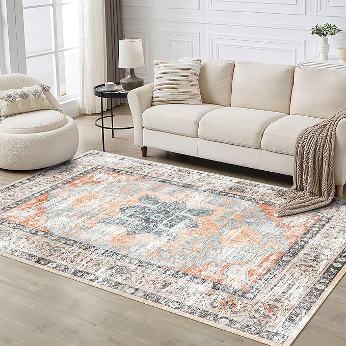 6x9 Area Rug, Ultra-Soft Washable Rug for Living Room, Dinner Room, Bedroom, Non-Slip Vintage Floral Rug, Indoor Carpet Large Area Rug, Orange