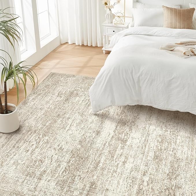 Area Rug Living Room Rugs - 9x12 Abstract Large Soft Indoor Washable Rug Neutral Modern Low Pile Carpet for Bedroom Dining Room Farmhouse Home Office - Vintage Beige