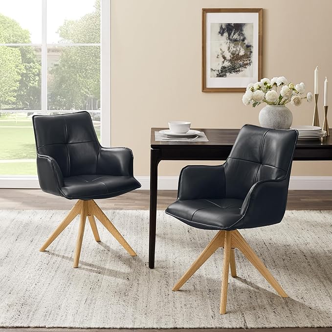 Art Leon Office Chair No Wheels - Mid Century Modern Swivel Desk Chair, Genuine Leather Upholstered Accent Chair with Oak Wood Legs for Small Space Living Room Bedroom, Black Blue