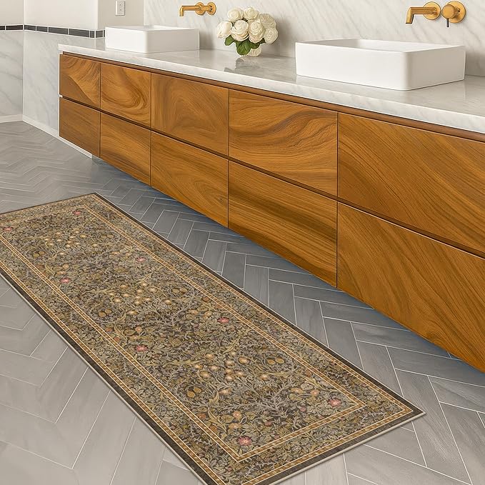 Gold Brown 2x6 Bathroom Runners Non Slip Washable, Low-Pile Runner Rugs for Kitchen, Entryway, Hallway, Laundry Room, Bedroom Bedside, Vintage Floral Stain Resistant Soft Carpet