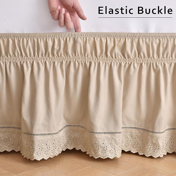 MIYE Wrap Around Ruffled Lace Bed Skirt, Elastic Dust Ruffle with Adjustable Belts, Easy to Put On, Bed Frame Cover, Machine Washable (Embroidered/Beige, Full/Twin-12.5" Drop)