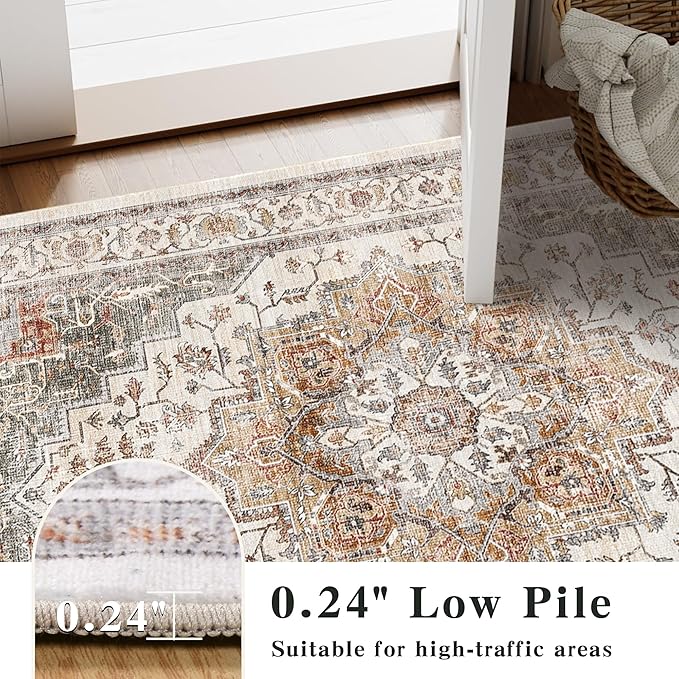 3x5 Vintage Area Rugs for Indoor Entrance Stain Resistant Washable Entryway Rug Ultra Soft Low Pile Lightweight Carpet Faux Wool Rugs for Living Room Bedroom Playroom Home Office