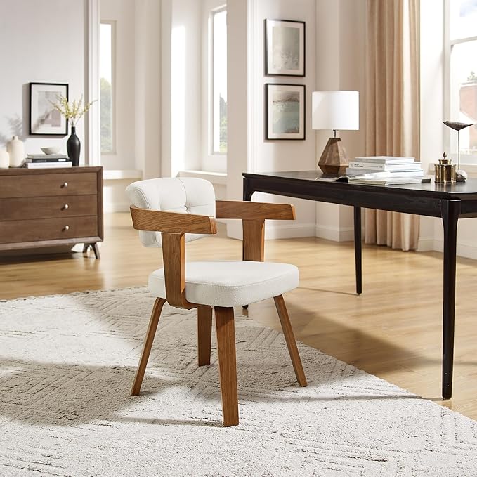 Art Leon Office Chair No Wheels - Mid Century Modern Desk Chair, Fabric Upholstered Accent Arm Chair with Wood Legs for Small Spaces Home Office Living Room Bedroom Study, Off White/Walnut