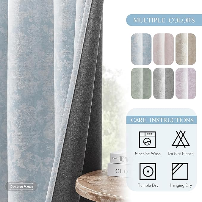 Beauoop Blue Floral Jacquard Blackout Curtains 120 Inches Long 2 Panels for Bedroom Living Room Chenille Flower Room Darkening Thermal Insulated Soundproof Grommet Window Treatments Drapes, 52x120