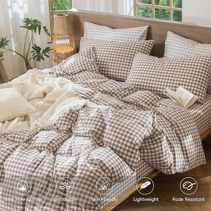 MooMee Gingham Duvet Cover Set 100% Washed Cotton Linen Like Textured Breathable Durable Soft Comfy Modern Checkered Design (Brown Gingham, King 104"x90")