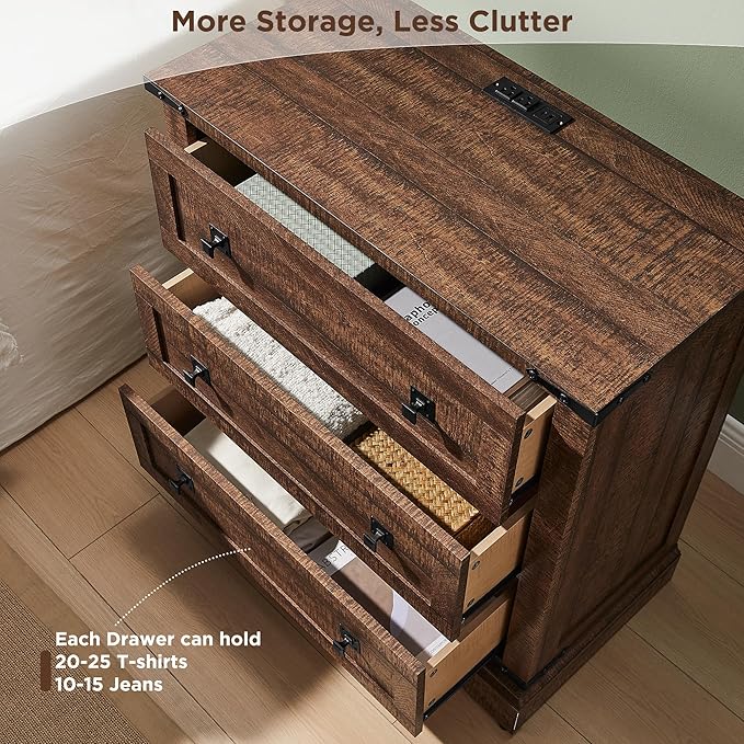 T4TREAM 32" Farmhouse Nightstand with Charging Station Set of 2, Large End Table with 3 Storage Drawers, Rustic Wood Bedside Table for Bedroom, Living Room, Reclaimed Barnwood Color