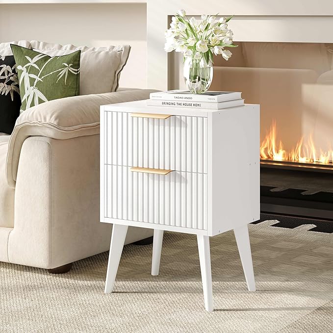 YAUKOMEL Fluted Nightstand with 2 Drawers,Modern Bedside Table with Metal Handles,Side Table with Solid Wood Legs,End Table for Living Room,Bedroom,Small Spcae 11.8" D x 16" W x 22.4" H White CTG55W