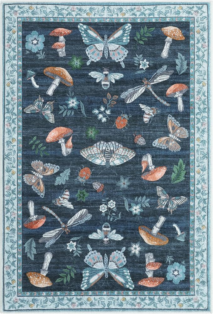 Mushroom Small Rug 2x3 Washable Door Mat Indoor Rugs for Entryway Non-Slip Soft Ultra-Thin Stain Resistant Foldable Rugs Kitchen Bedroom Living Room Blue