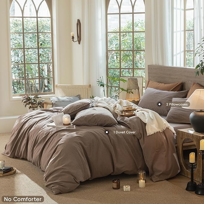 MooMee Wavy Striped Duvet Cover Set 100% Washed Cotton Linen Like Textured Breathable Durable Soft Comfy (Brown, Full 80"x90")