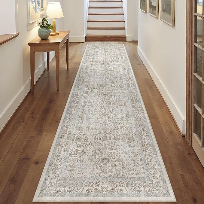 Taupe Runner Rug 3x12 Hallway Machine Washable Kitchen Vintage Distressed Non Slip Long Carpet Indoor Retro Floral Bedroom Accent Throw Rug for Bathroom Office Laundry Dining Living Room