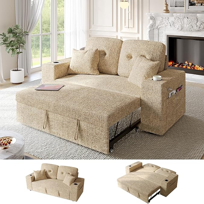 63 Inch Sleeper Sofa Bed, 4 in 1 Pull Out Couch Bed with Adjustable Backrest, Small Loveseat with Wide Armrest | USB Charging | Side Pockets | Cup Holders | Tool Free Assembly, Khaki Chenille