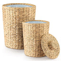 Set of 2 Wicker Trash Can with Lid - Water Hyacinth Wicker Waste Basket for Bathroom - Bathroom Garbage Can with a Lid - 2 Gallon & 4 Gallon Decorative Rattan Trash Can with Removable Liner
