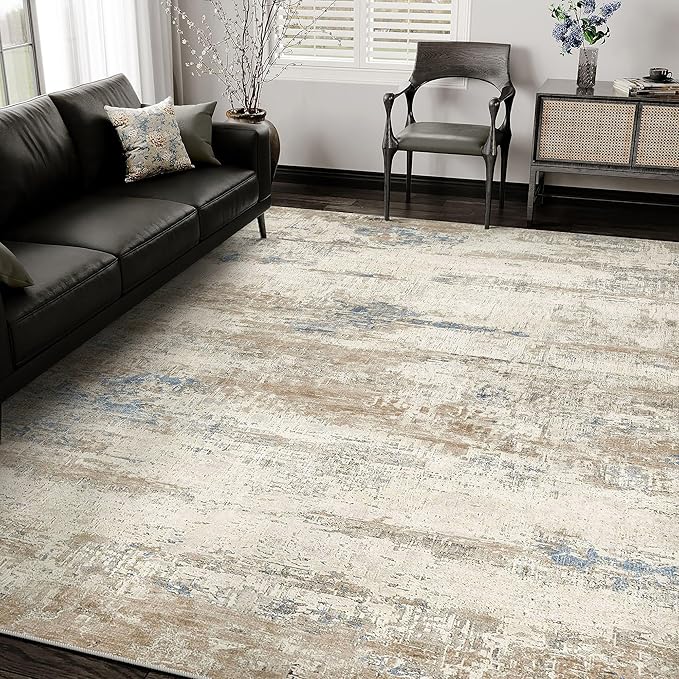 5x7 Area Rug Living Room Bedroom Carpet Washable Abstract Neutral Modern Beige Brown Accent Rug Dining Non Slip Low Pile Soft Thin Indoor Office Floor Throw Kitchen Contemporary