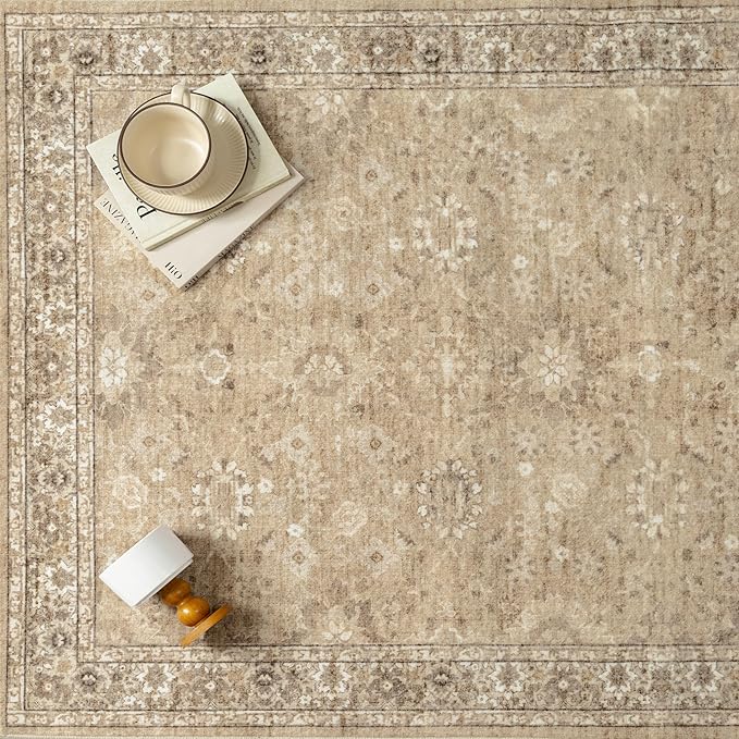 8x10 Brown Area Rug Non Slip Large Vintage Living Room Distressed Machine Washable Retro Carpet Indoor Bedroom Traditional Floral Accent Throw Rug for Office Kitchen Dorm Dining Room