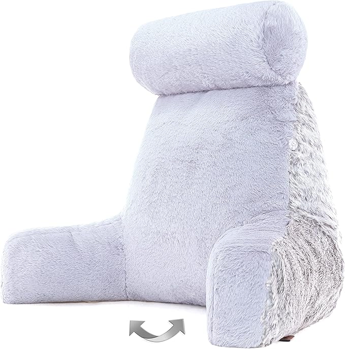 Husband Pillow Medium Rare Baby Arctic Grey Wolf Backrest, 2-Tone Reversible Double Sided Fabulous Faux Fur Reading & Bed Rest Pillow with Arms & Neck Roll, Adjustable Memory Foam - Extremely Comfy