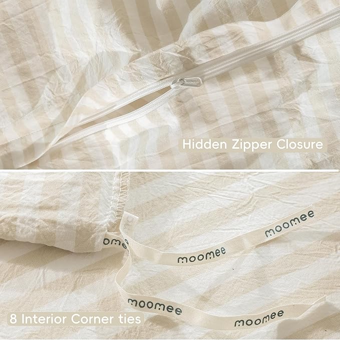 MooMee Striped Duvet Cover Set 100% Washed Cotton Linen Like Textured Breathable Durable Soft Comfy (Almond Milk Grey Classic Stripes, Twin 68"x90")