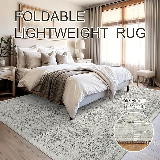 6x9 Area Rug for Living Room Floral Washable Non-Slip Gray Rugs for Bedroom Dinning Room Ultra-Thin Indoor Grey Rug
