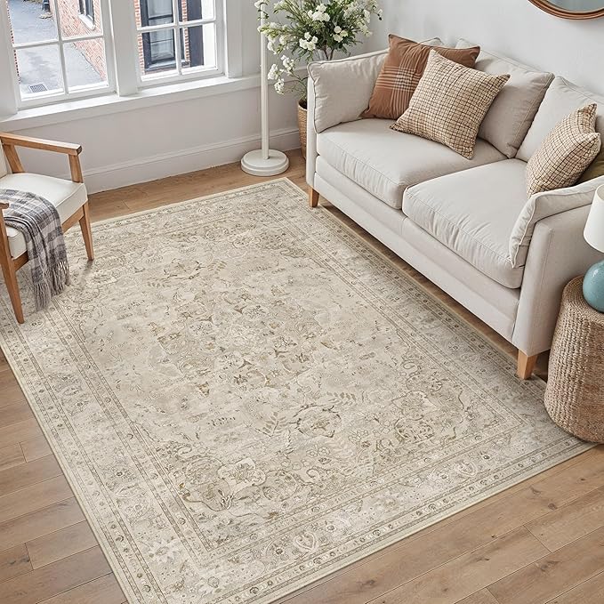 Brown 3x5 Area Rug Washable Vintage Carpet for Entryway Office Soft Retro Floral Kitchen Low Pile Thin Door Mat Non Slip Central Medallion Throw Rug for Bathroom Bedroom Dining Living Room
