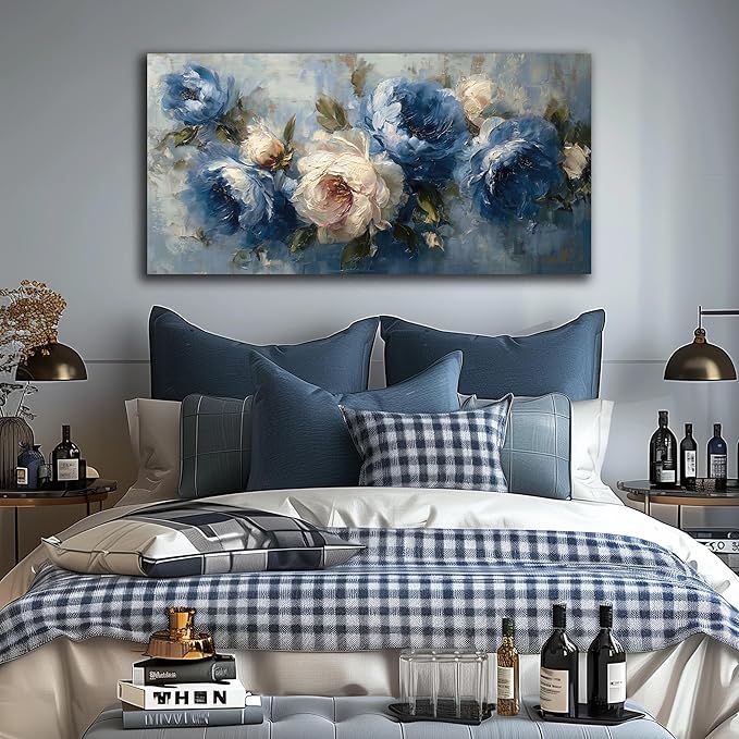 JuhaiArt Peony Floral Wall Art Bedroom Blue Wall Decor White Wall Picture Flower Artwork for Living Room Office 20" x 40"